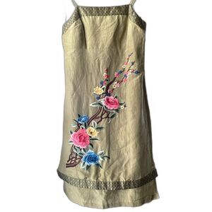 Sue Wong ramie & silk embroidered floral y2k vintage green shift dress sz 8